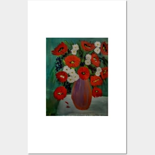 lovely red poppies and daisy's in metallic vase Posters and Art